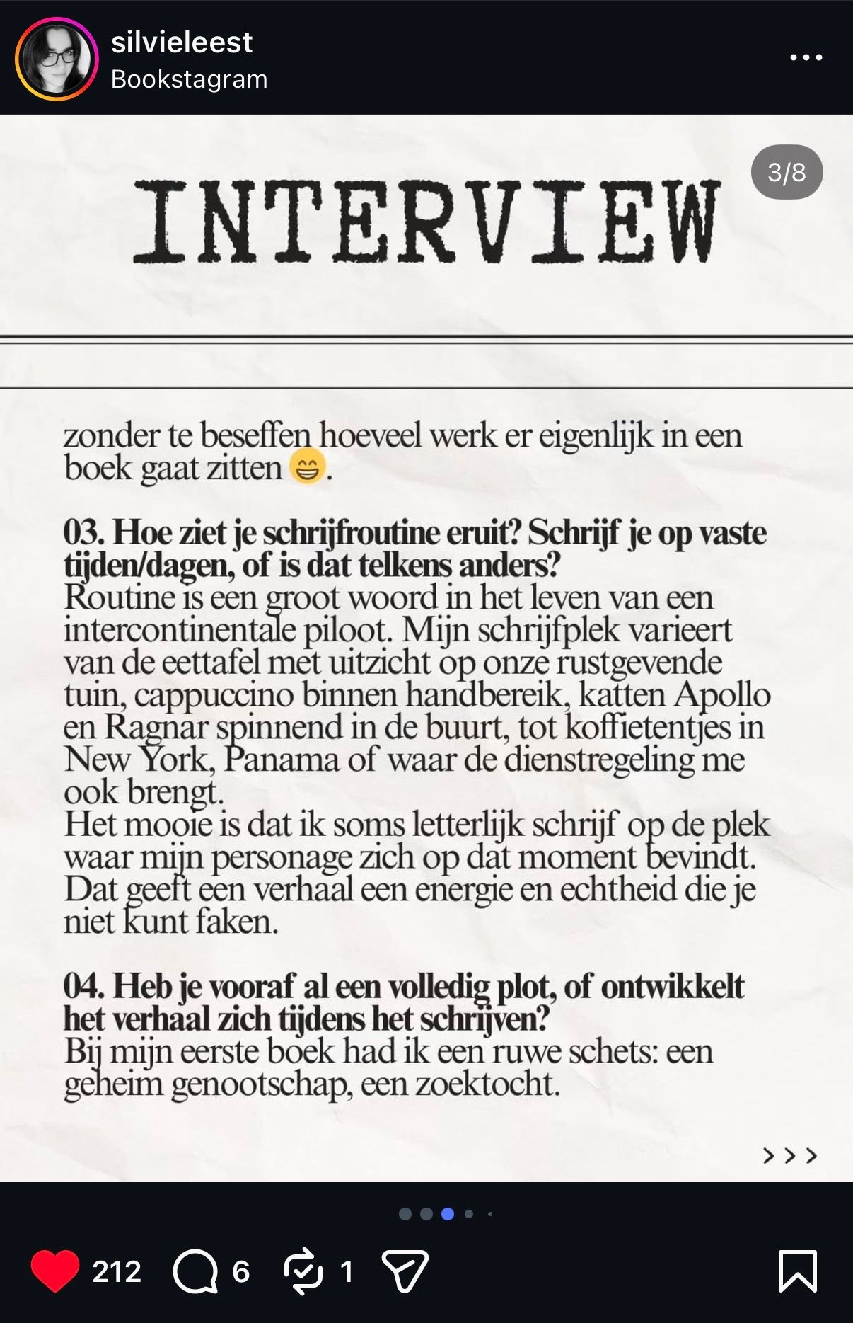 Instagram-post met een witte interviewafbeelding en dichte zwarte tekst op een donkere app-interface.