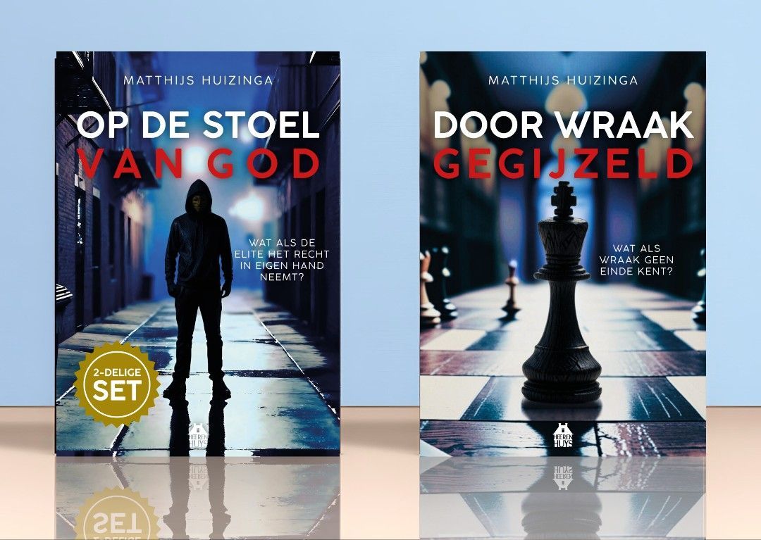 Twee Nederlandse boekomslagen met daarop een silhouet van een man in een blauwverlichte gang, met rode en witte titels.