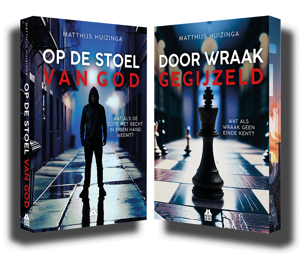 Twee boekomslagen met een silhouet op een blauw‑zwart schaakbord, titels “Op de steel van God” en “Door wraak gegijzeld”.
