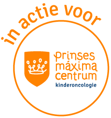 Orange circular charity logo reading “in actie voor Prinses Máxima Centrum kinderoncologie.”