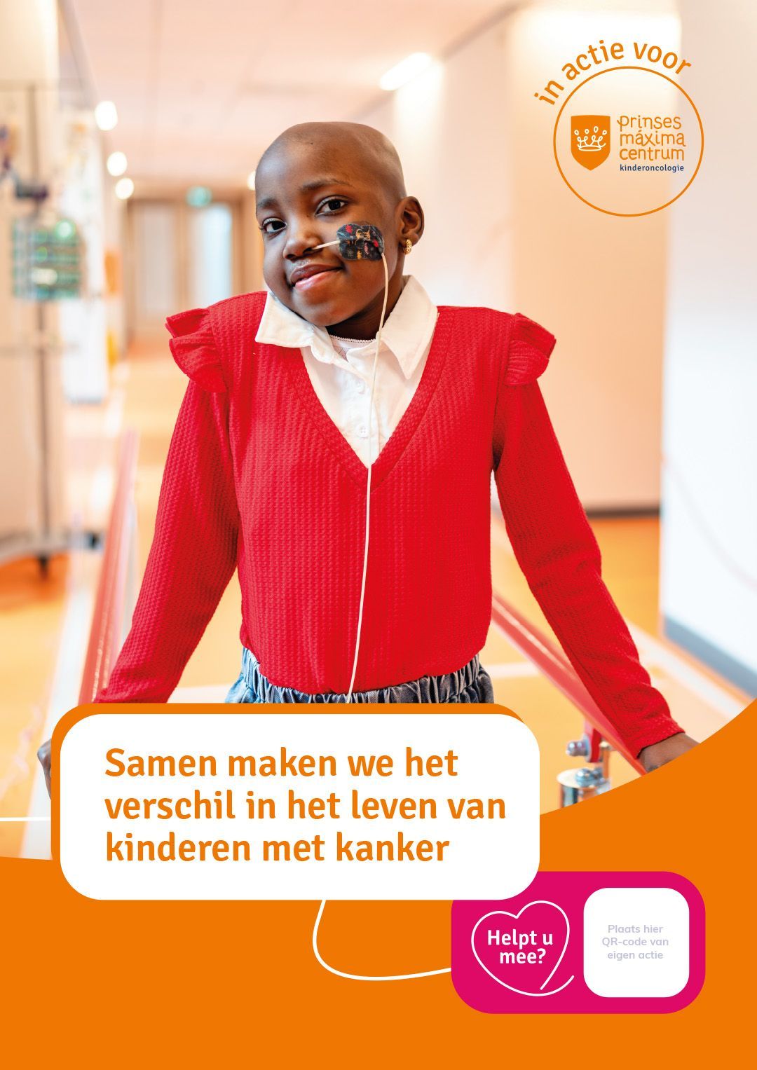 Kind in rood vestje lachend in een ziekenhuisgang, met Nederlandse tekst over het verschil maken voor kinderen met kanker.