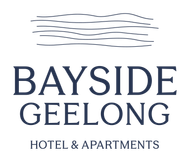 Logo for Bayside Geelong Hotel & Apartments, dark blue text with abstract waves.