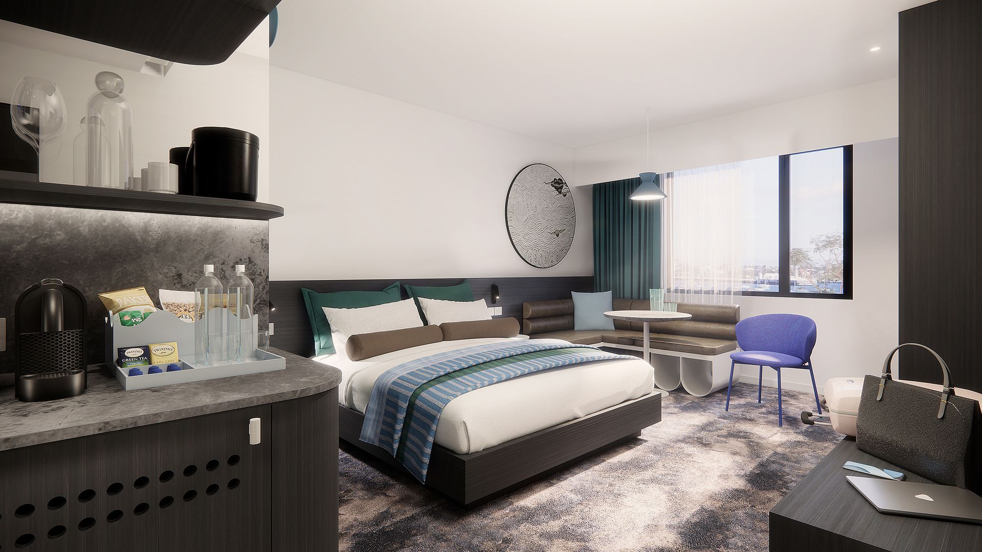 Modern hotel room with a bed, seating area, and a view outside a window.