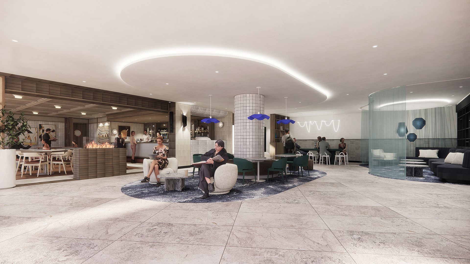 Modern hotel lobby with seating, bar, and blue accents. People are present, with a bright, open design.
