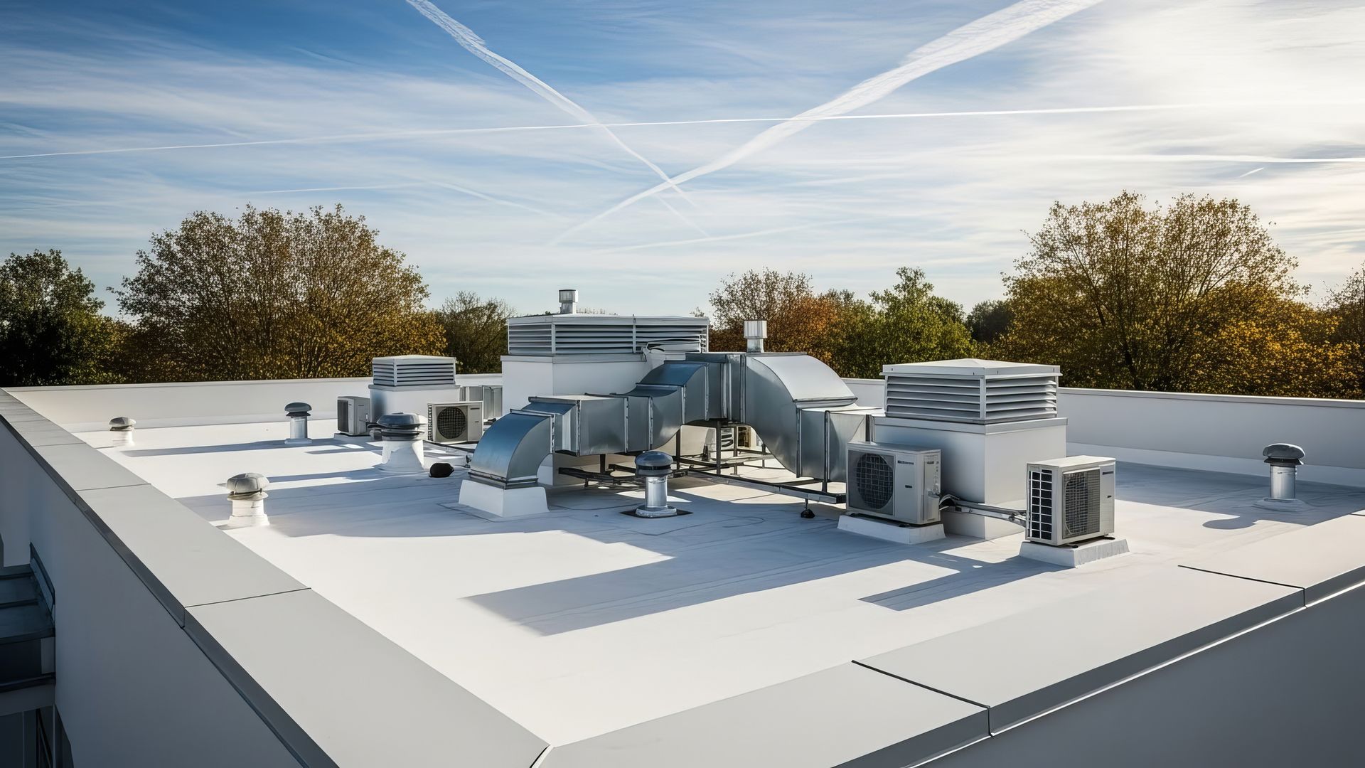 commercial rooftop featuring multiple HVAC units, ventilation ducts, and exhaust vents