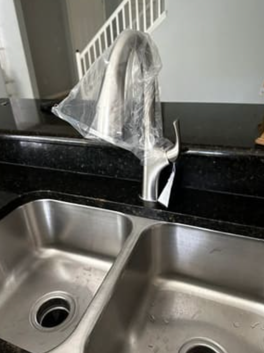 A new, brushed-nickel kitchen faucet with a protective plastic bag over its head sits behind a double-basin metal sink.