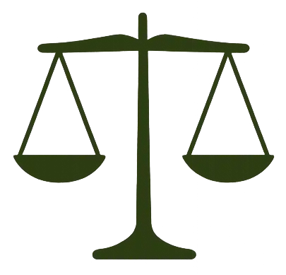 A dark green silhouette of a balanced scale of justice on a white background.