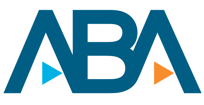 Blue text "ABA" with a small blue triangle pointing right under the A and an orange triangle under the second A.