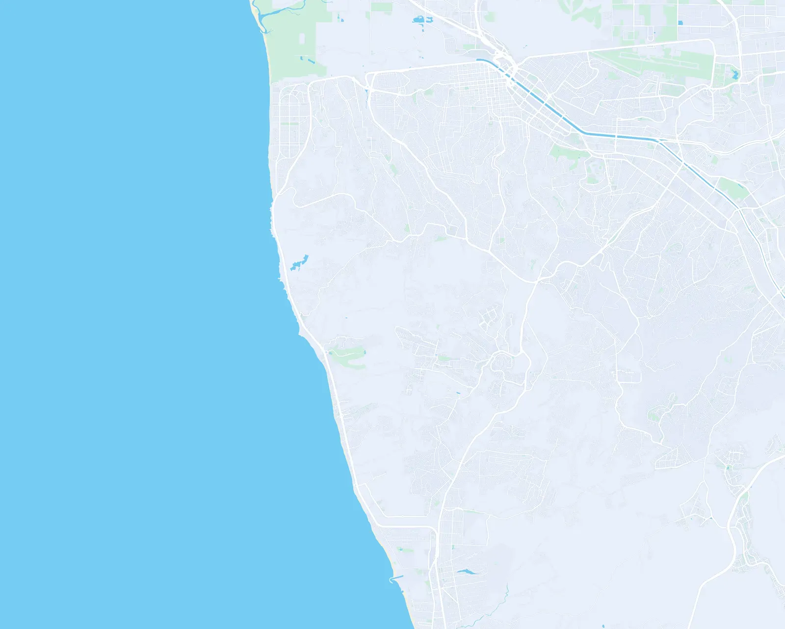 Mapa de Tijuana y la costa con las rutas desde Mar de Plata a la garita, Zona Río, Hospital Ángeles, el aeropuerto y Rosarito