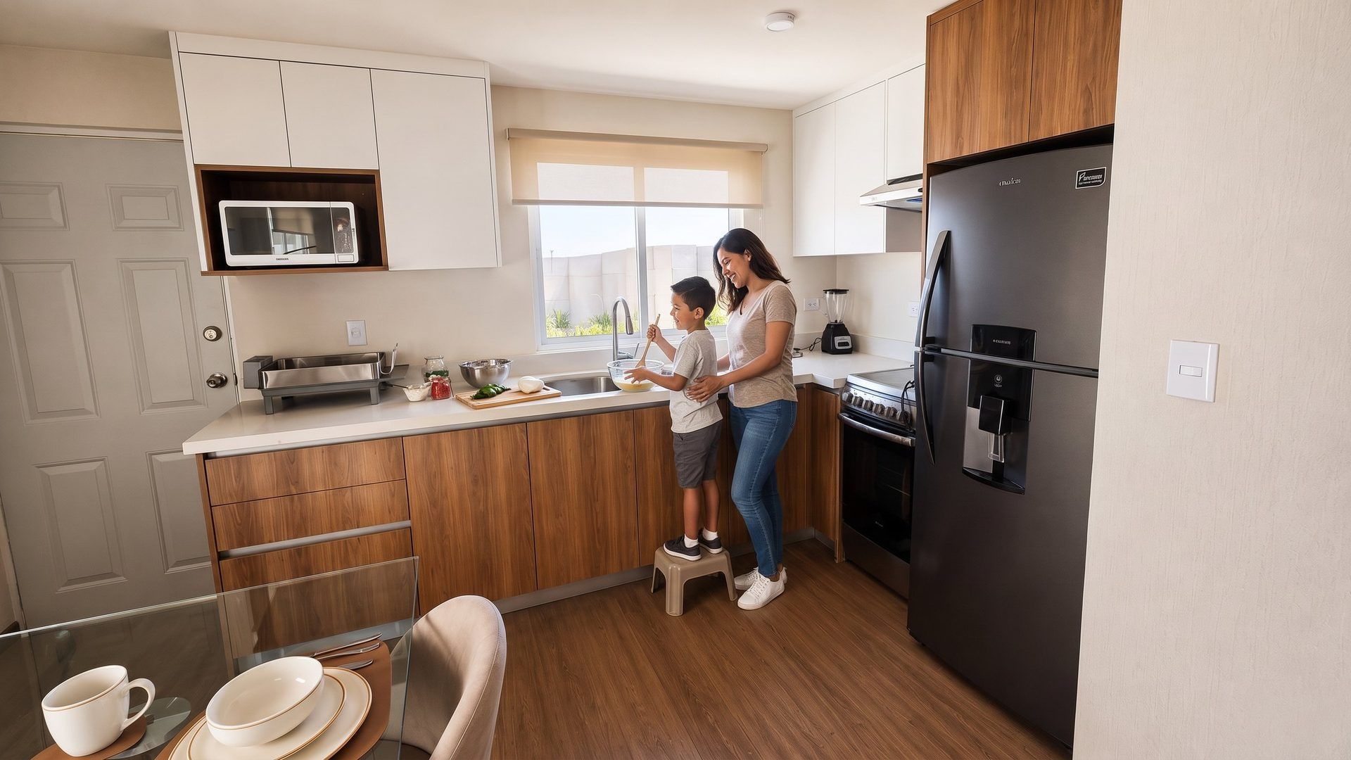 Mamá e hijo cocinan juntos en la cocina de una casa nueva, con mesa de comedor en primer plano