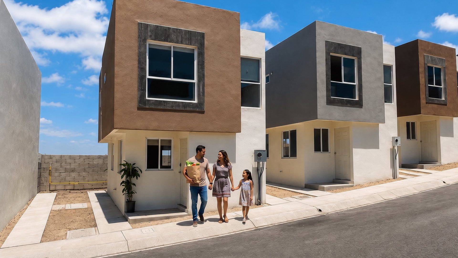 Familia camina frente a casas independientes de Paseos del Prado en Tijuana