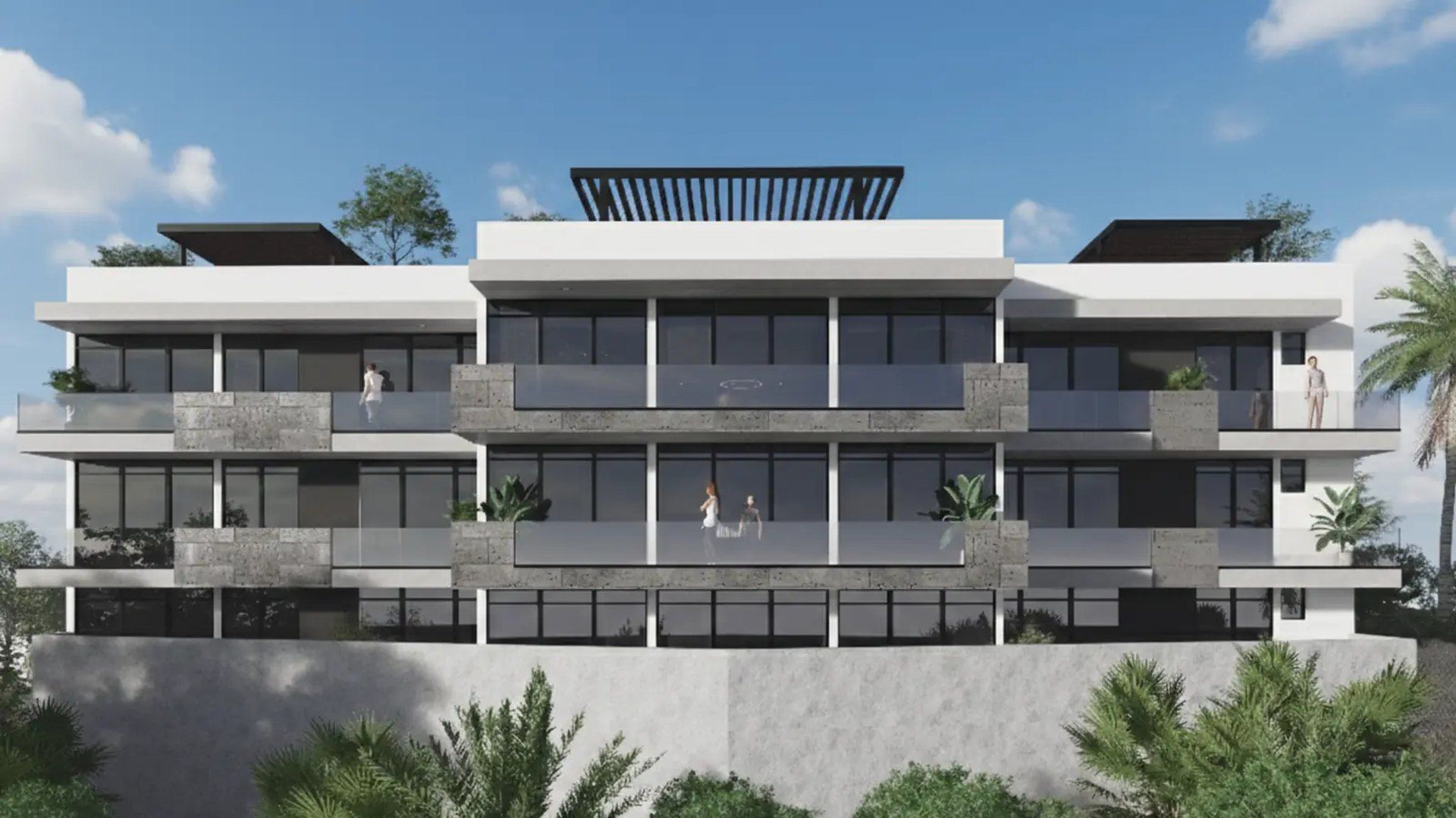 Render de la fachada de Mar de Plata de día: tres niveles con balcones de vidrio y pérgolas en el roof deck