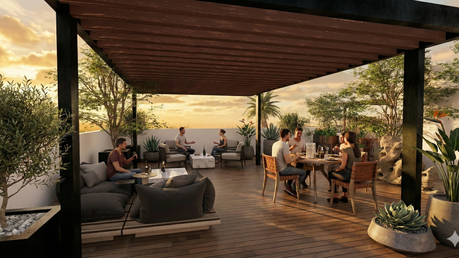 roof garden al atardecer en mar de plata para departamentos en tijuana