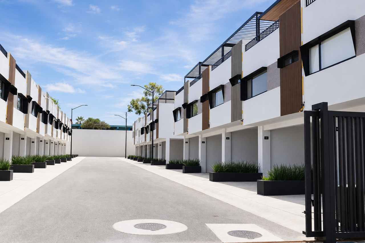Calle privada de Monte Scénica con casas blancas de dos niveles