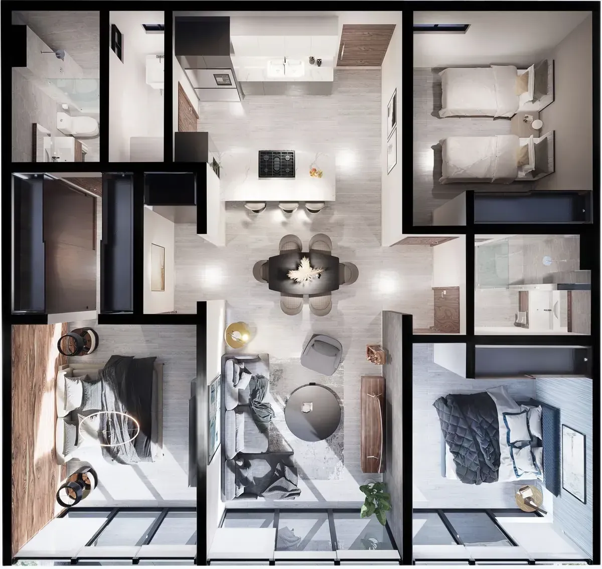 Planta arquitectónica del modelo Amera de Mar de Plata, vista desde arriba con muebles