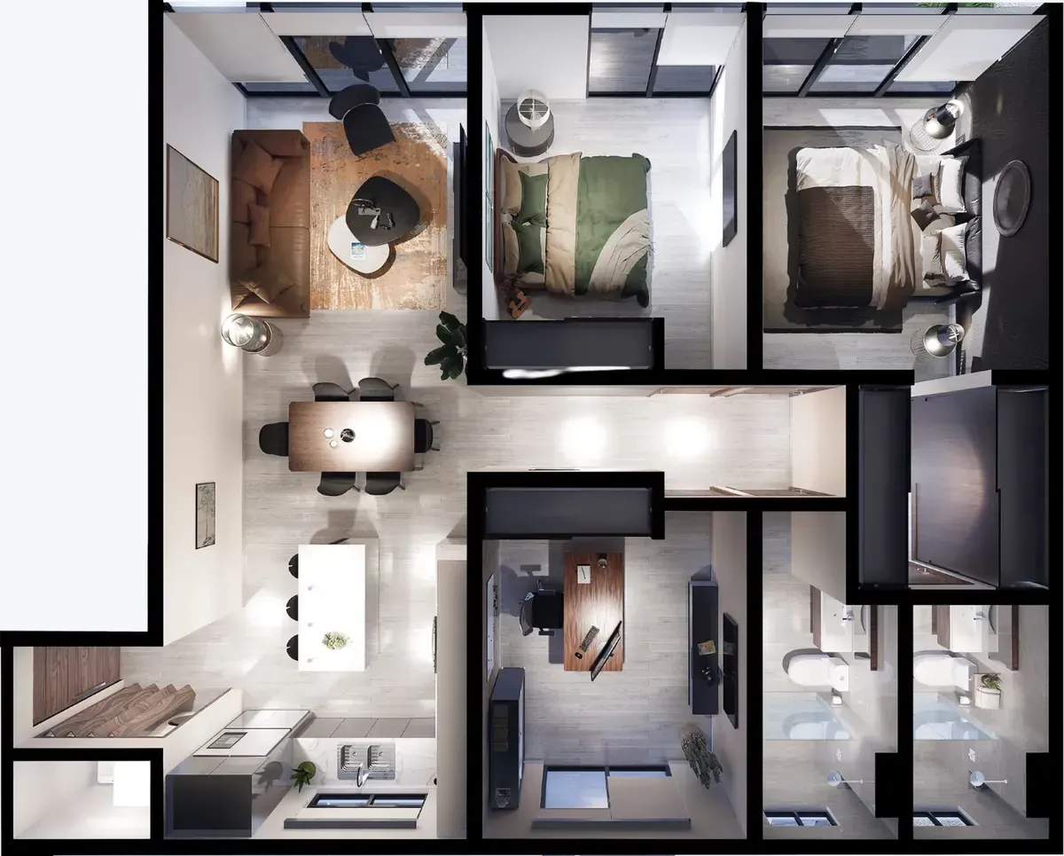 Planta arquitectónica del modelo Areta de Mar de Plata, vista desde arriba con muebles