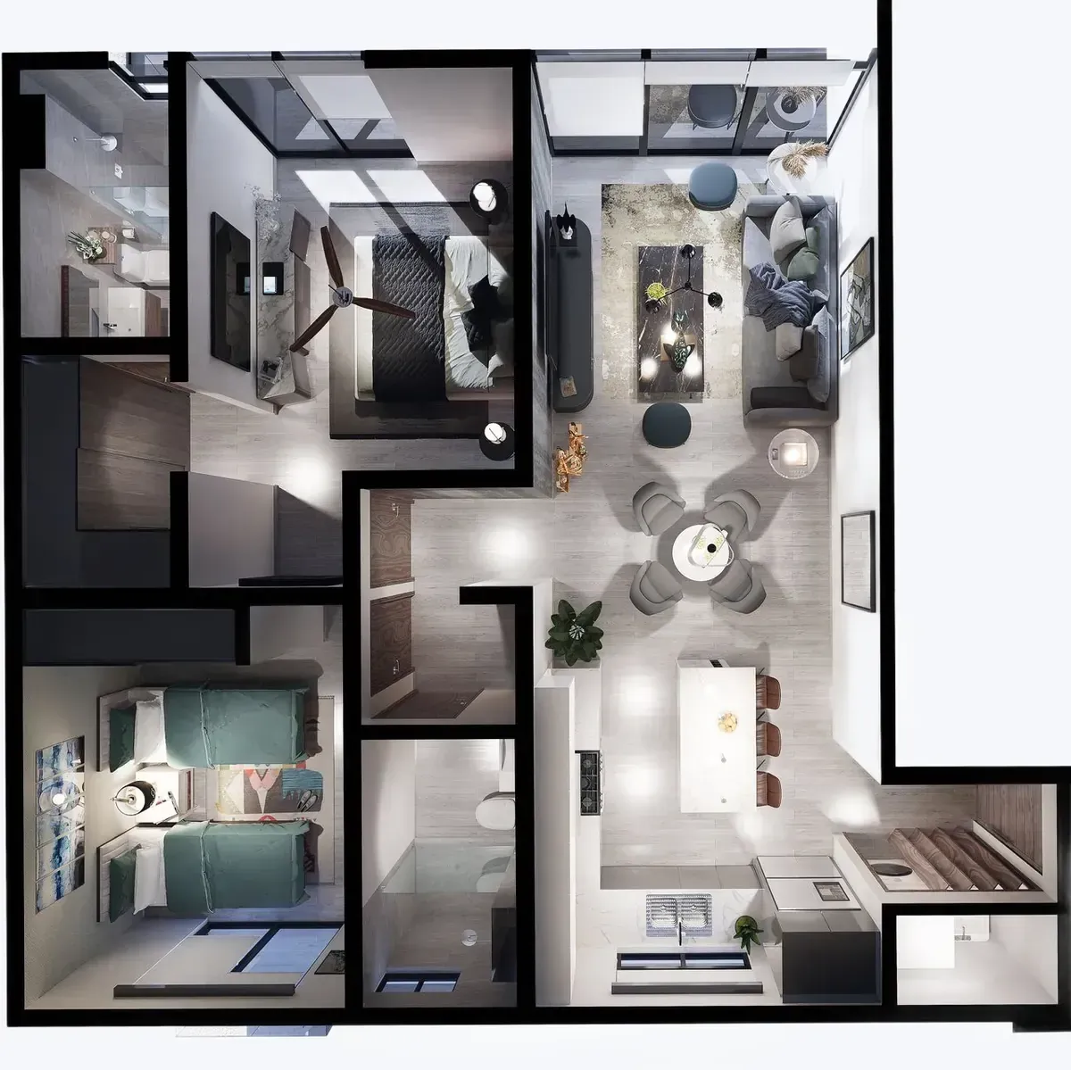Planta arquitectónica del modelo Terramar de Mar de Plata, vista desde arriba con muebles