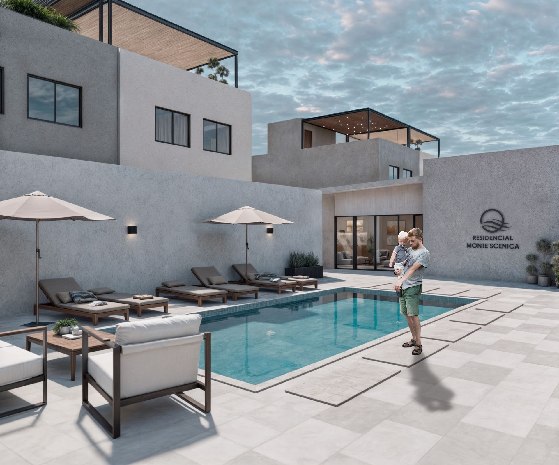 Vista exterior de un resort con piscina, tumbonas y una persona sosteniendo a un niño para casas en Tijuana