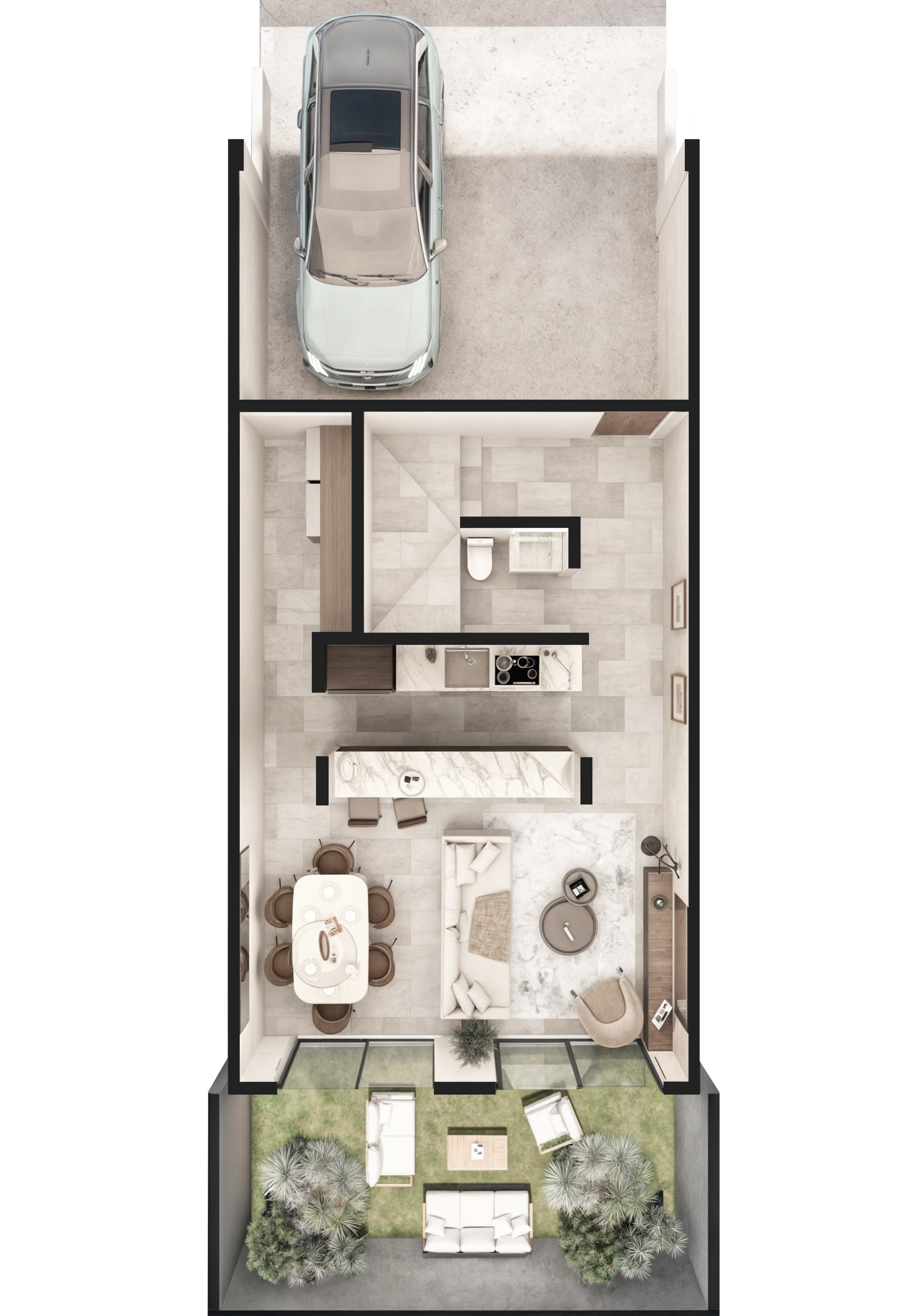 Vista aérea del plano de una casa moderna. Incluye garaje, cocina, sala, comedor y patio amueblado para casas en Tijuana
