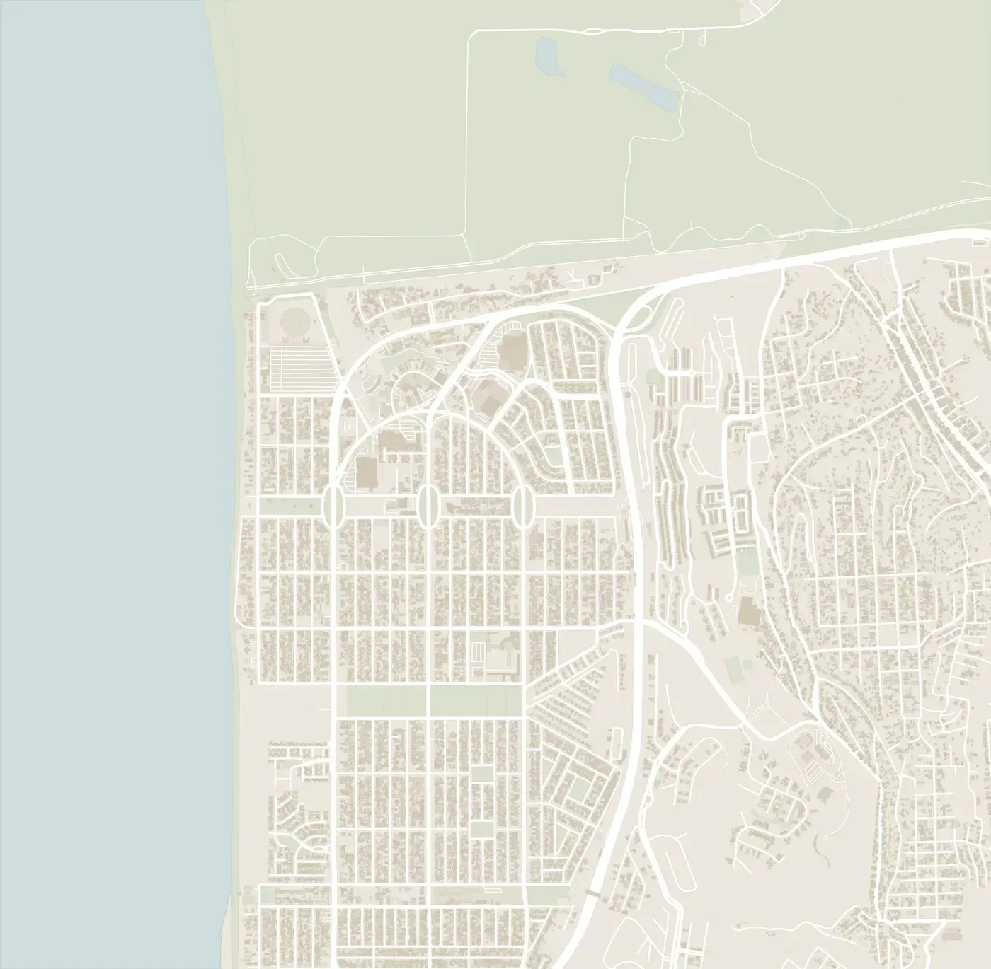 Mapa de Playas de Tijuana con Monte Scénica en La Cúspide y los lugares cercanos: Universidad Iberoamericana, Plaza Coronado, Calimax y Walmart, el malecón y la Plaza Monumental.