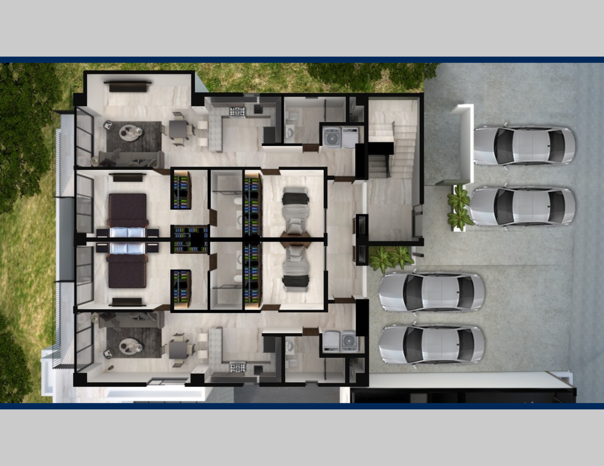 Vista aérea del plano de una casa moderna. Incluye garaje, cocina, sala, comedor y patio amueblado para casas en Tijuana