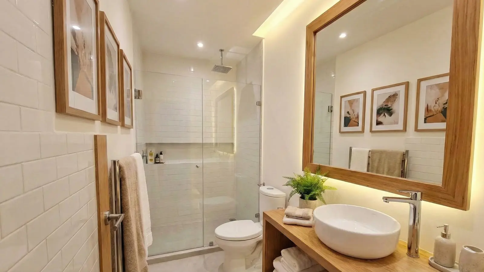 Baño principal con espejo iluminado y regadera de cristal