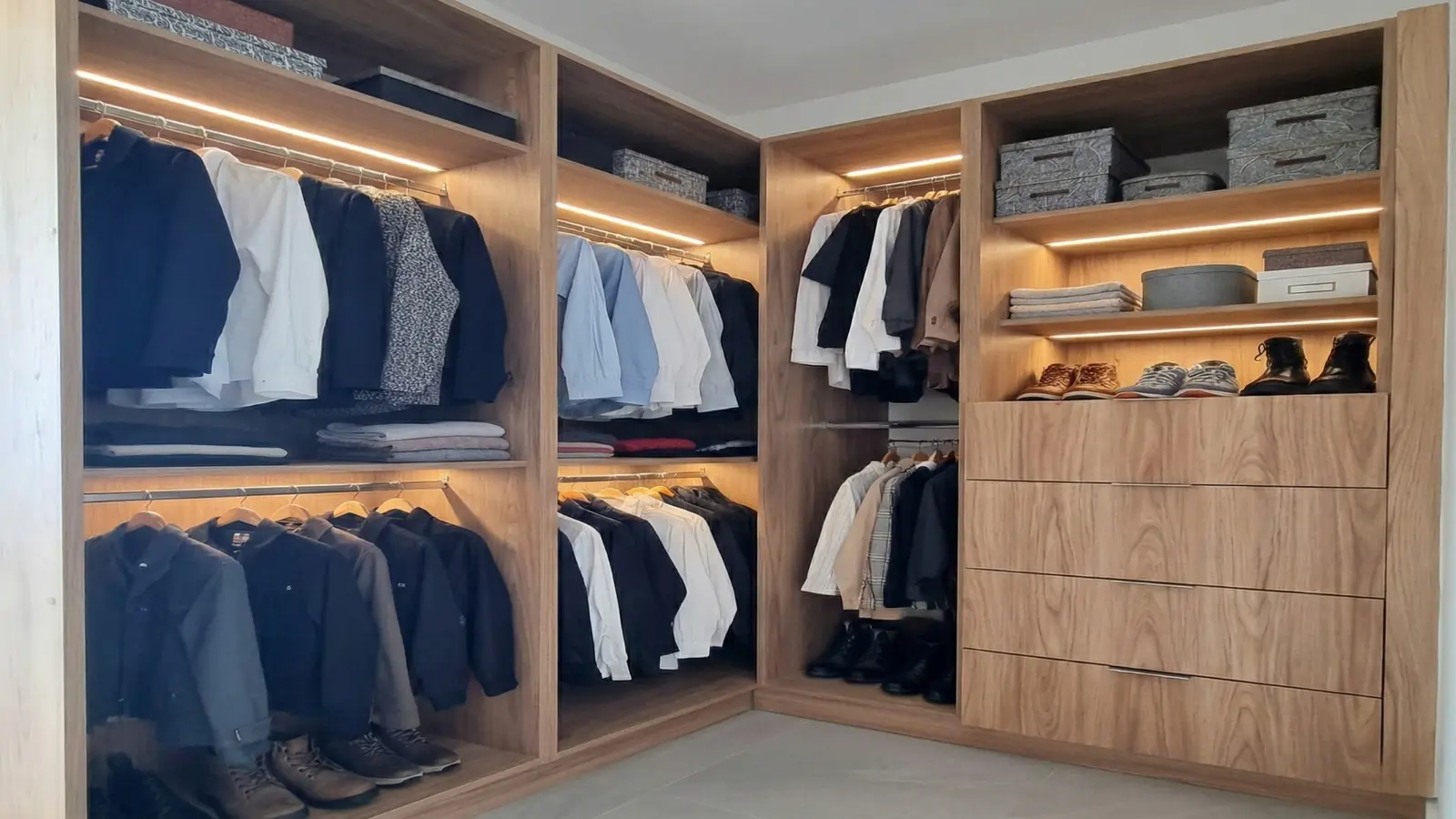 Vestidor iluminado de madera en la recámara principal