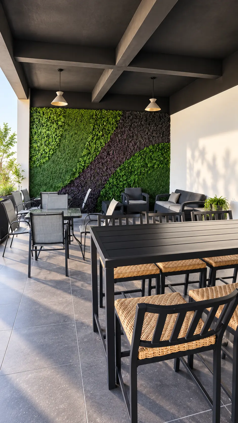 Roof garden de Cimalta II con muro verde, mesas y lámparas