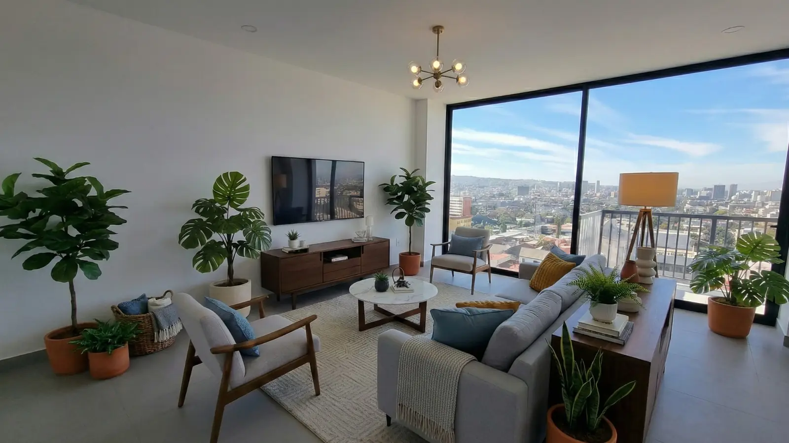 Sala con ventanal de piso a techo y vista a la ciudad