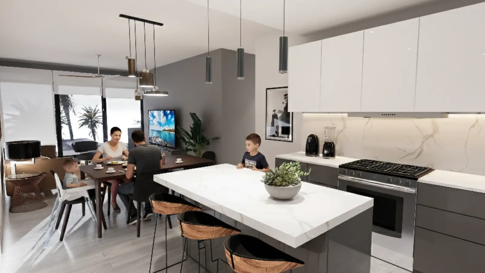 Cocina con isla, estufa y campana en un departamento de Mar de Plata