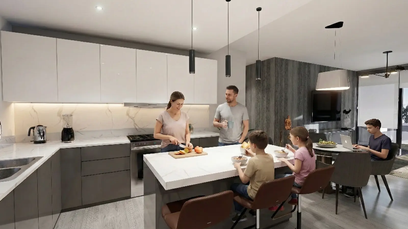 Familia en la isla de la cocina de un departamento de Mar de Plata