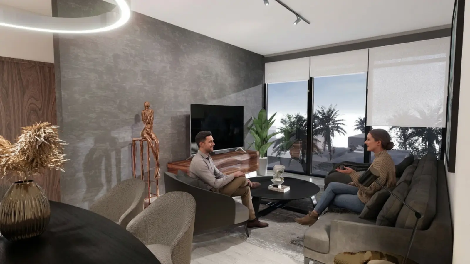 Sala con muro de piedra y ventanal en Mar de Plata