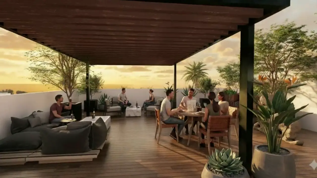 Roof deck de Mar de Plata con pérgola al atardecer