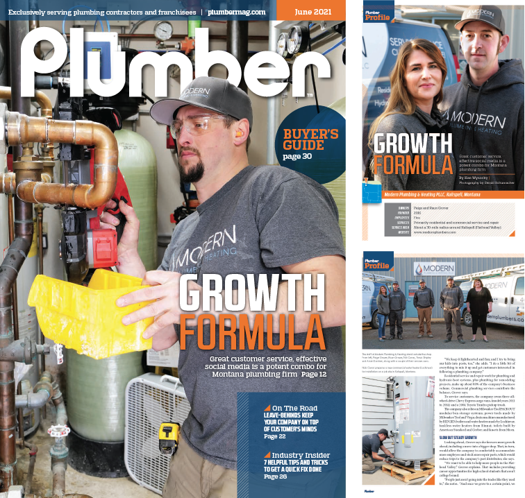 Plumber magazine cover with a technician working on pipes, “Growth Formula” headline and smaller feature photos
