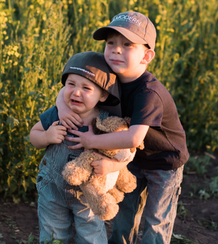 Two children hugging a teddy bear outdoors in a sunny field