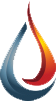 Abstract red, orange, and blue flame-shaped logo on a white background