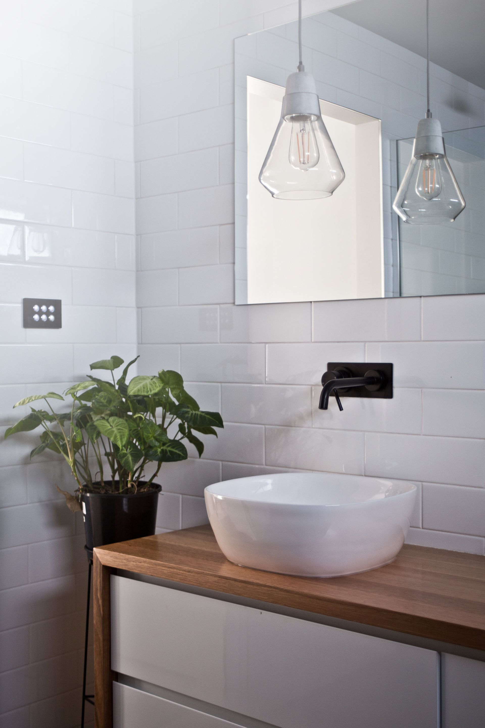 A bathroom with a sink , mirror , and potted plant.