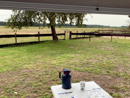 Picnic table set for breakfast outside, overlooking a field and wooden fence.
