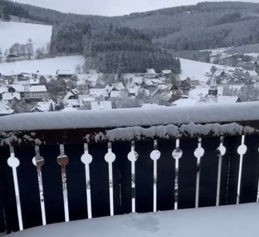 Snow-covered balcony railing overlooking a snow-covered village nestled in a valley surrounded by snow-covered forests.