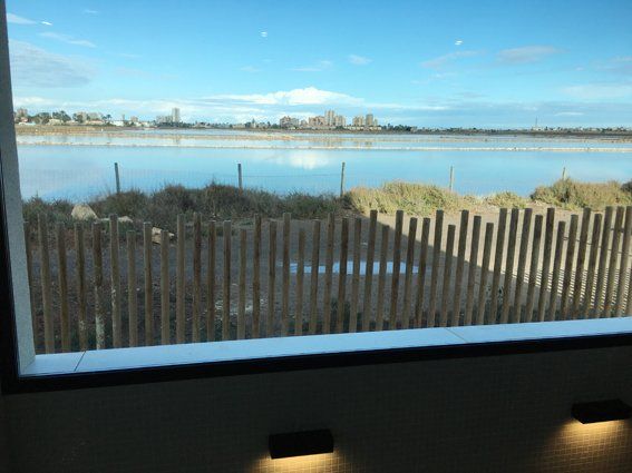View through a window of a marsh and distant buildings, with a wooden fence in the foreground. Blue sky.
