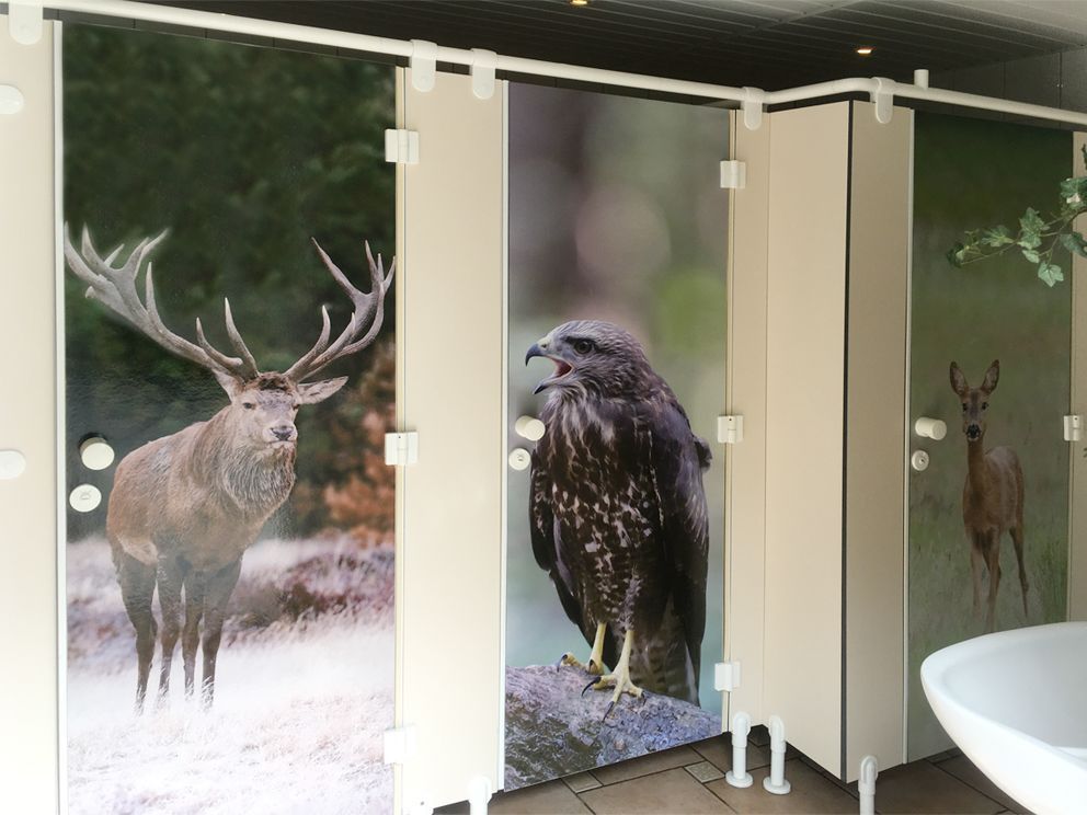 Restroom stalls with nature-themed art. A deer, a hawk, and another deer are pictured on the stall doors.
