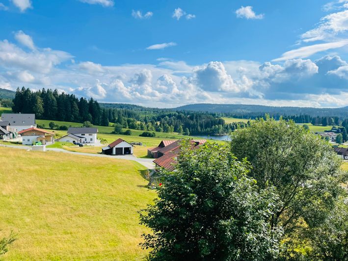 Scenic view of houses in a valley with green fields, trees, and a lake under a blue sky with clouds.