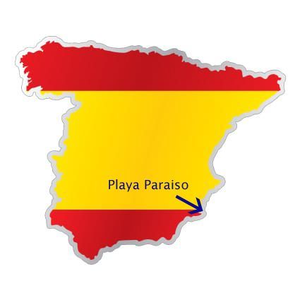 Map of Spain with the Spanish flag overlay, pinpointing Playa Paraiso on the southern coast.