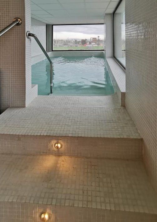 Small tiled pool with steps and railing, large window offering an outdoor view.