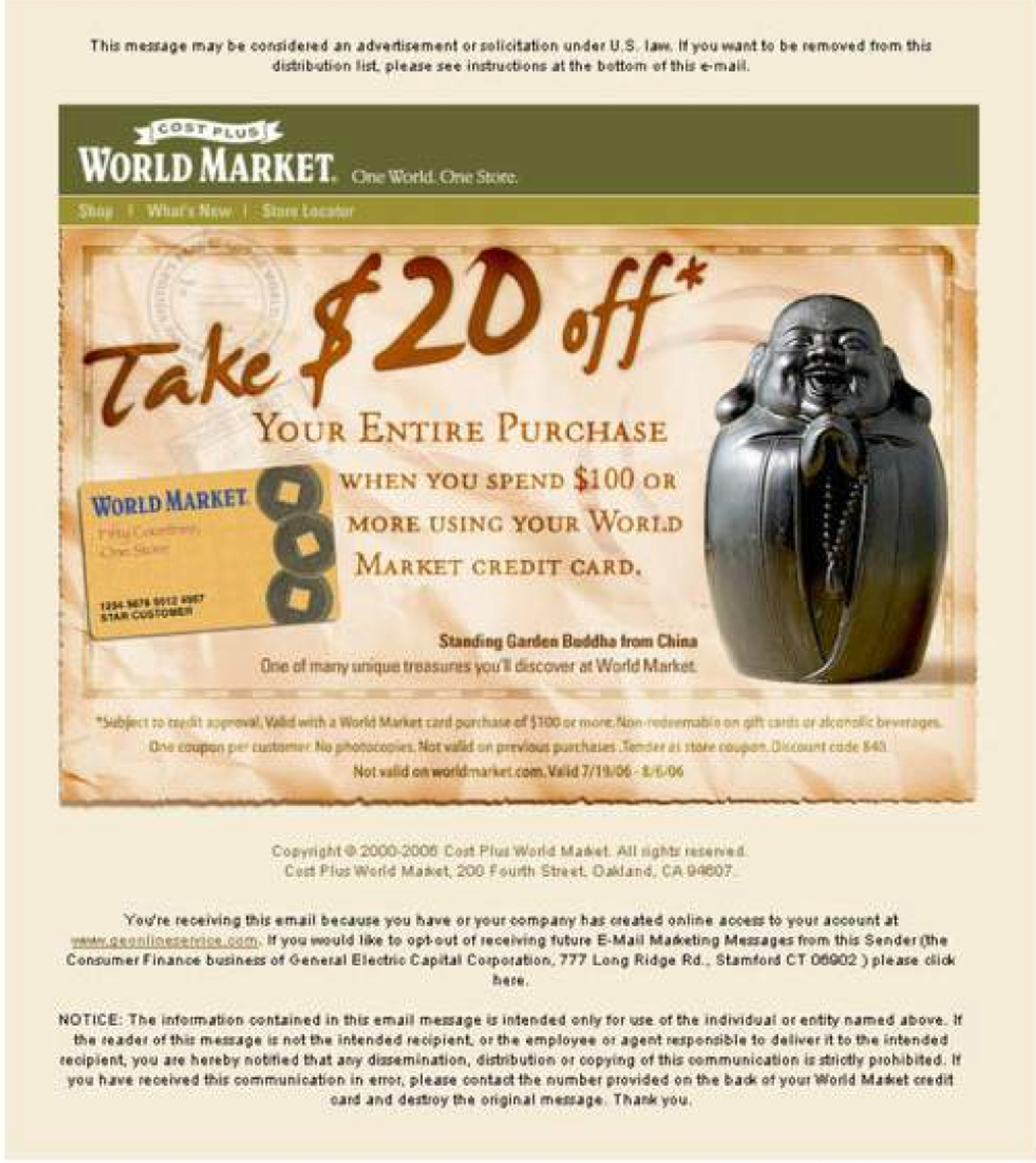 A world market ad that says take $20 off your entire purchase