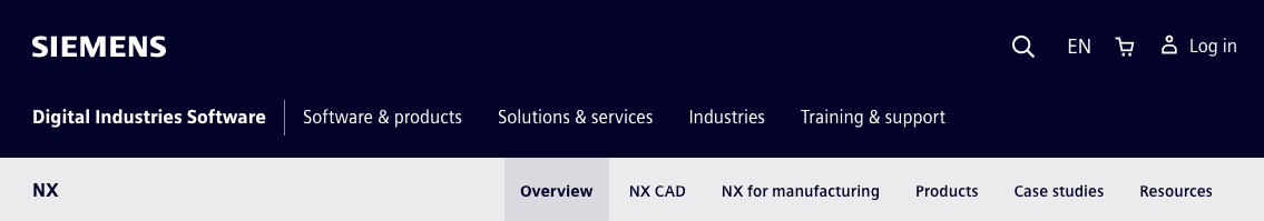 Siemens website header with search, language, and user login options.