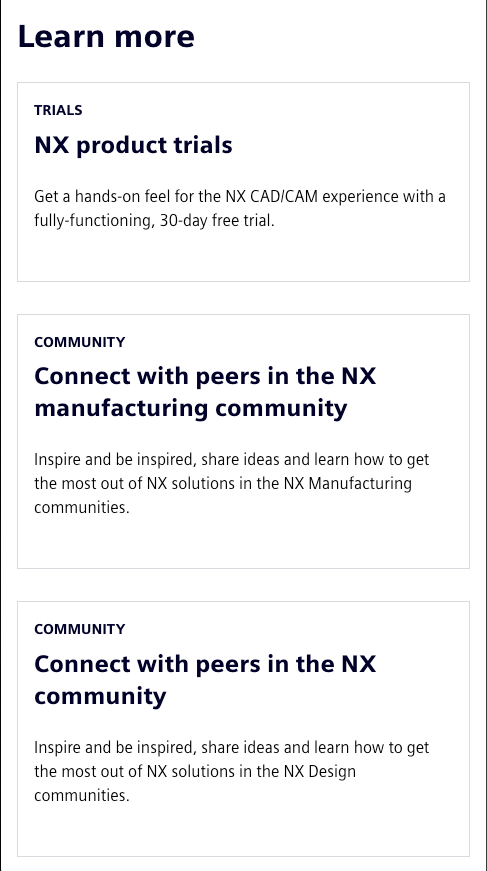 Informational section: NX product trials, manufacturing, and design communities.