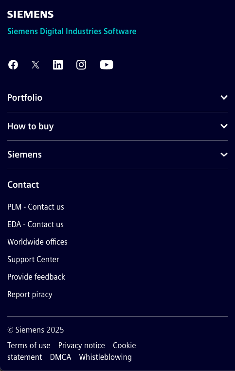 Siemens website footer with menu links, social media icons, and contact information on a dark blue background.