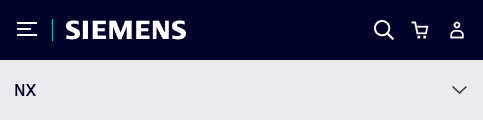 Siemens navigation bar with menu, search, cart, and account icons. 