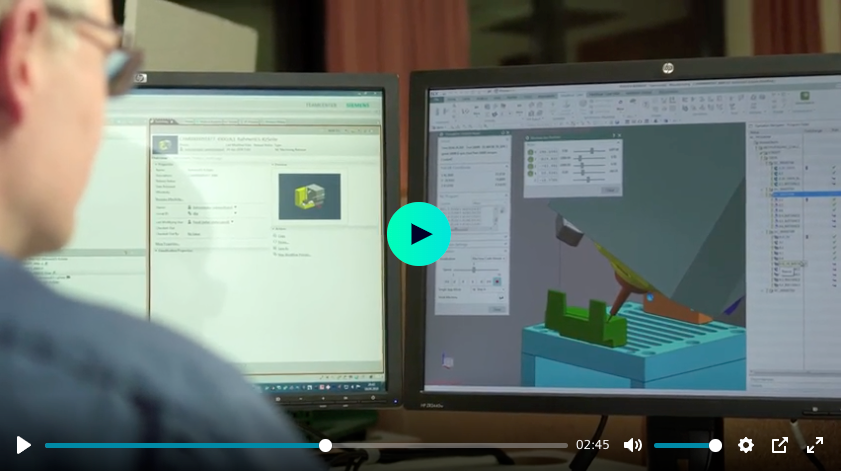 Man using computer, two monitors showing CAD design software and data, shop setting.